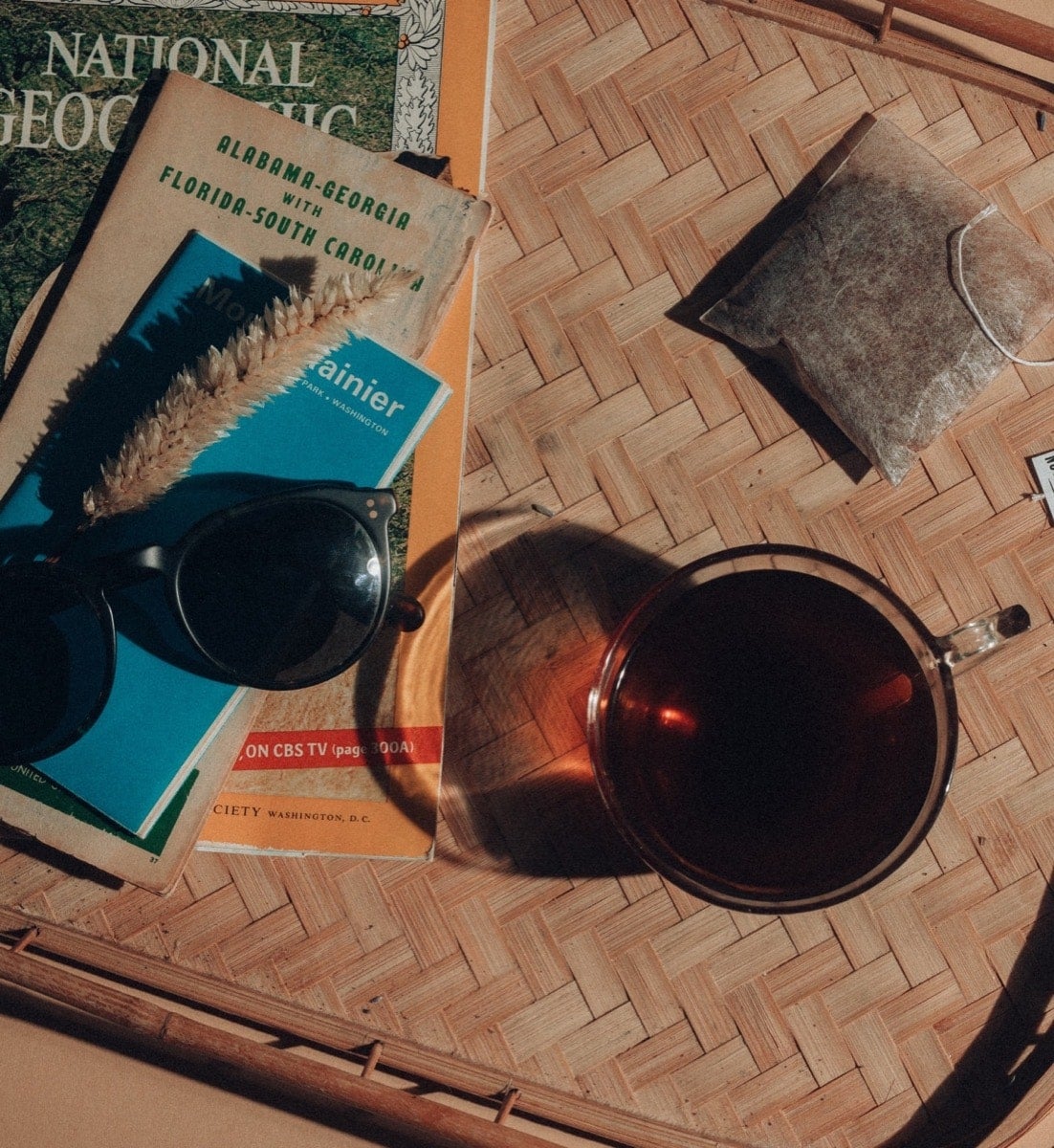 Nostalgia coffee, magazines, and sunglasses